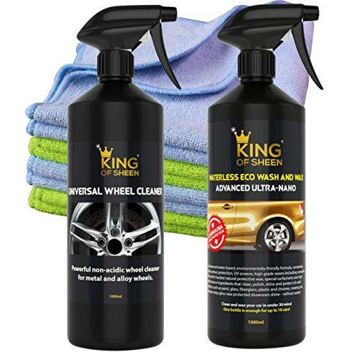 King of Sheen Waterless Wash and Wax Advanced Ultra Nano 1lt and Universal Wheel Cleaner 1lt + 4 Professional Microfibre Cloths Car Cleaning Kit