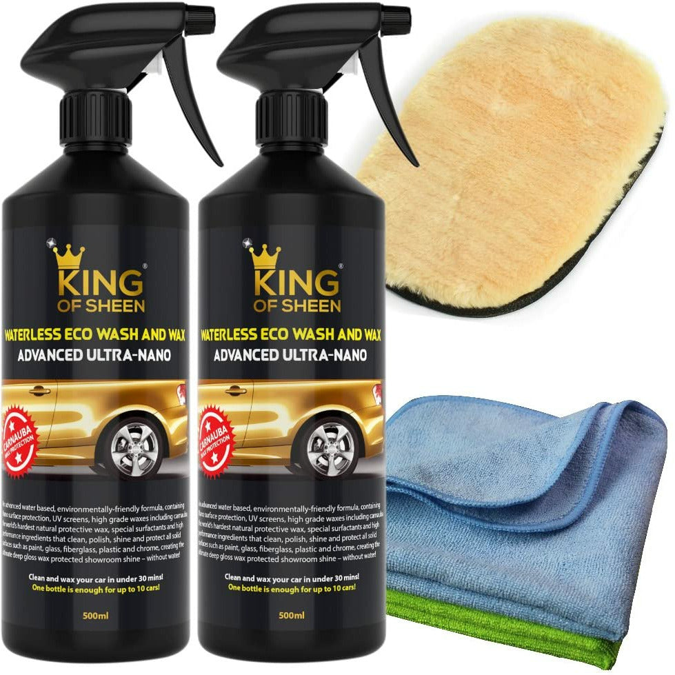 King of Sheen, Advanced Ultra Nano Waterless Car Wash and Wax with Nano Polymers,(2 x 1 Litres) + 2 Microfibre Cloths & Lamb’s Wool Buffing Mitt