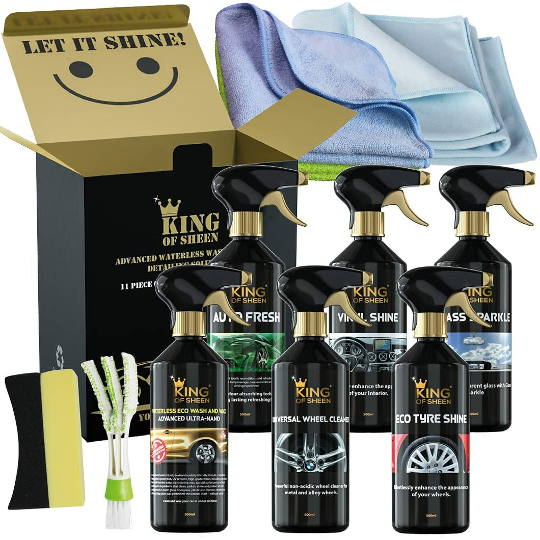King of Sheen Waterless 11 Piece Car Cleaning Kit. Clean Your Entire Vehicle to a Showroom Standard. Ideal Car Gift Set for the Car Enthusiast.
