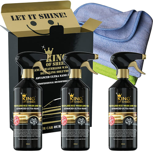 King of Sheen Advanced Ultra Nano Waterless Car Wash and Wax Spray with Carnauba Wax and Nano Polymers,(3 x 500ml)+2 Professional Microfibre Cloths