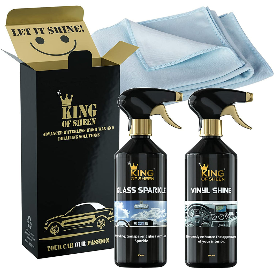 King of Sheen Interior Car Cleaning Kit - Vinyl Shine 500ml and Glass Sparkle 500ml + Professional Glass Microfibre Cloth