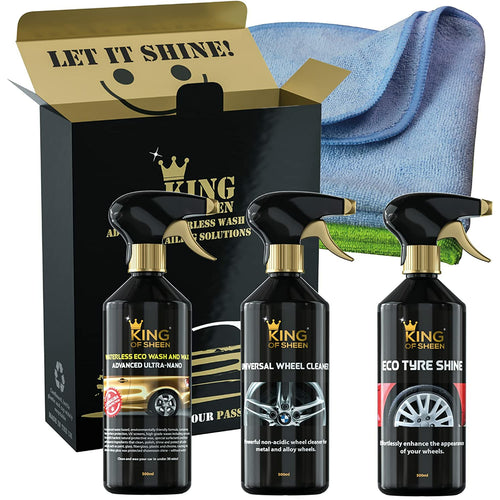 King of Sheen Exterior Car Cleaning Kit - Advanced Ultra Nano Waterless Wash & Wax 500ml, Universal Wheel Cleaner 500ml, Tyre Shine 500ml & 2 Cloths