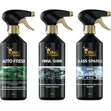King of Sheen Interior Car Cleaning Kit - Auto Fresh, Vinyl Shine, Glass Sparkle 500ml + Professional Glass Microfibre Cloth and Mini Detailing Duster