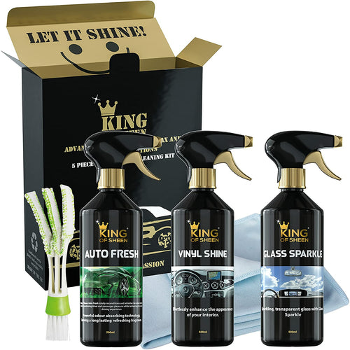 King of Sheen Interior Car Cleaning Kit - Auto Fresh, Vinyl Shine, Glass Sparkle 500ml + Professional Glass Microfibre Cloth and Mini Detailing Duster