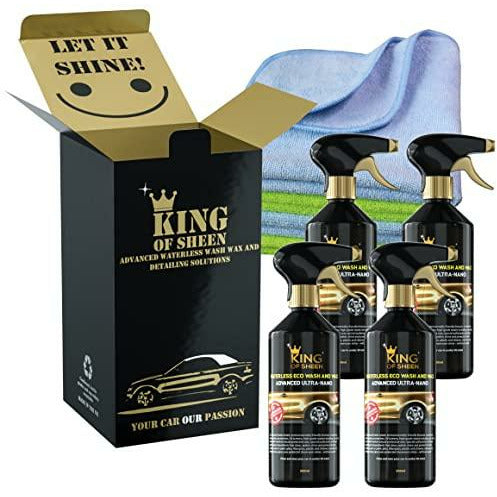 King of Sheen Advanced Ultra Nano Waterless Wash and Wax Bulk Pack 4 x 500ml bottles. Plus 4 Microfibre Cloths