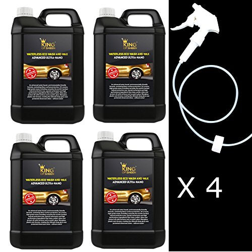 King of Sheen Waterless Car Wash and Wax with Carnauba Wax and Nano Polymers, Wholesale Pack 4 x 4 Litre Jerrycan with 4 x Long Hose Trigger Sprayers