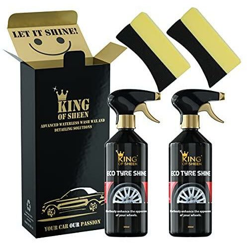 King of Sheen Eco Tyre Shine Twin Pack, 2 x Tyre Black and 2 x Applicator Sponge, Effortlessly Enhance the Appearance of your Wheels. 500ml Bottles