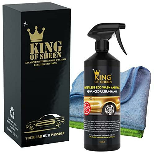 King of Sheen Advanced Ultra Nano Waterless Wash & Wax with Carnauba Wax, (1Lt) + 2 Cloths, No Scratch or Swirl Formula, Protects against Salt Damage