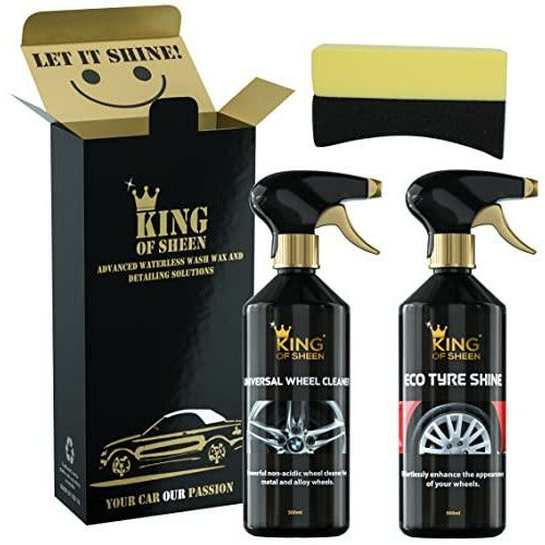 King of Sheen Wheel Care Kit - Eco Tyre Shine and Universal Wheel Cleaner + Tyre Dressing Sponge