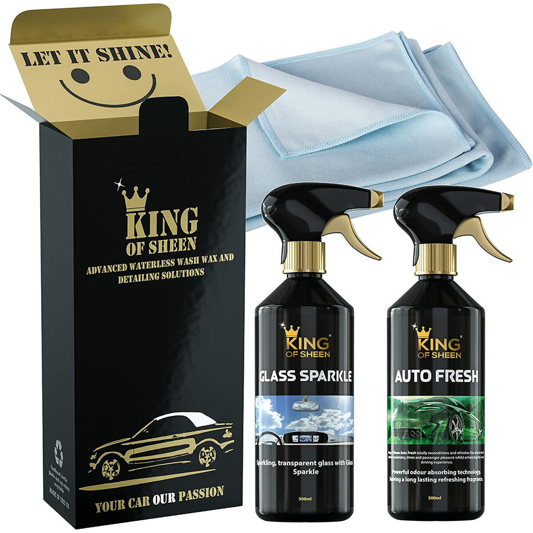 King of Sheen 3 Piece Interior Kit. 500ml Auto Fresh, 500ml Glass Sparkle Plus Glass Microfiber Cloth