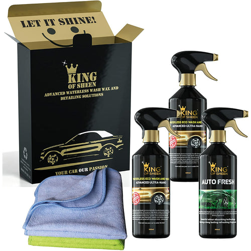 King of Sheen Advanced Ultra Nano Waterless Wash and Wax Car Clean and Refresh Kit. 2 x 500ml Nano, 500ml Auto Fresh and 2 x Microfiber Cloths